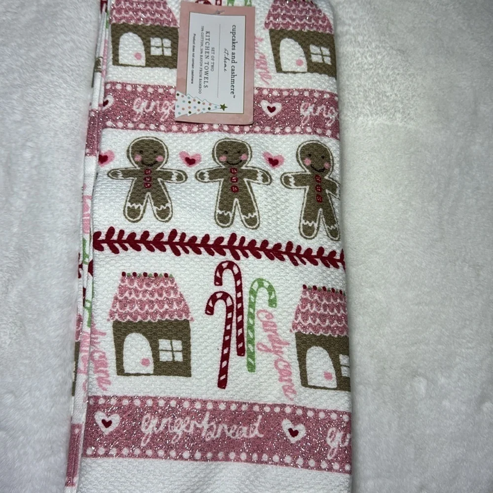 Pink Christmas Gingerbread Kitchen Towel Pastel Hand Dish Towel sparkling